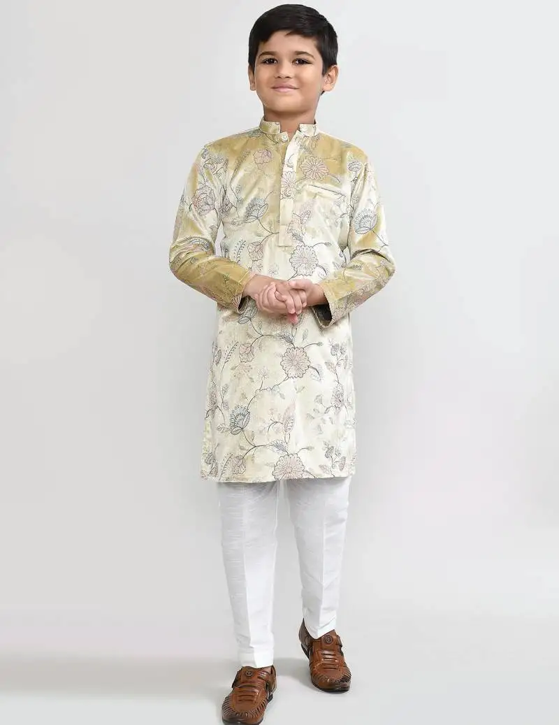 Kids boy golden velvet straight kurta pant set