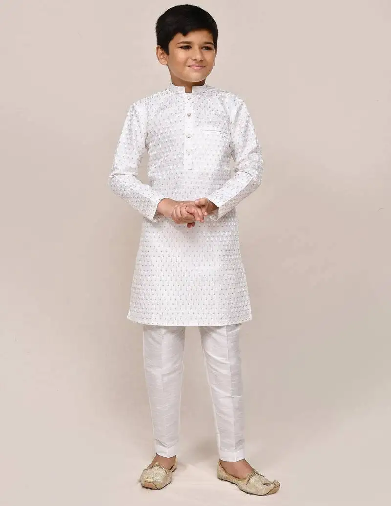 Kids boy white art silk with thread & sequence work straight kurta pant set