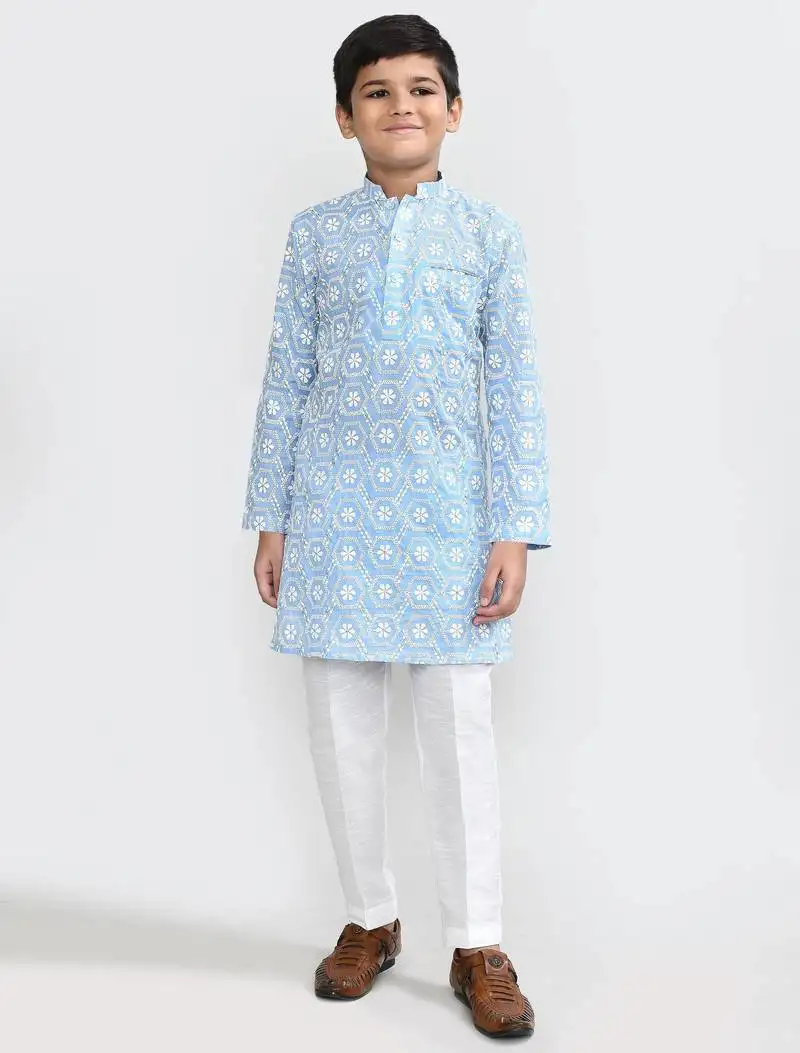 Kids boy skyblue cotton straight kurta pant set