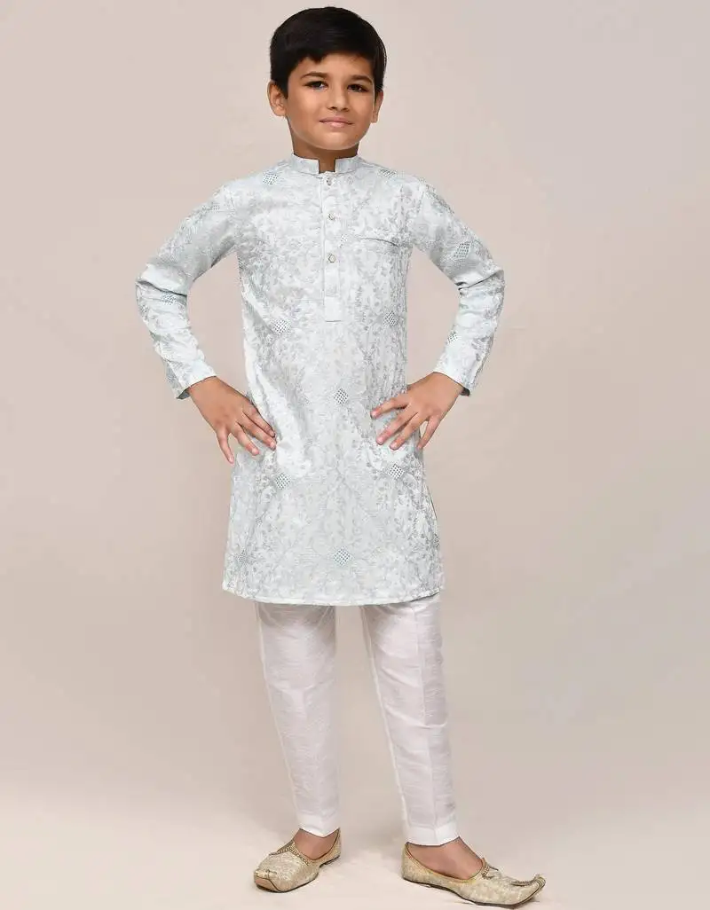Kids boy sky blue silk based therad work straight kurta pant set