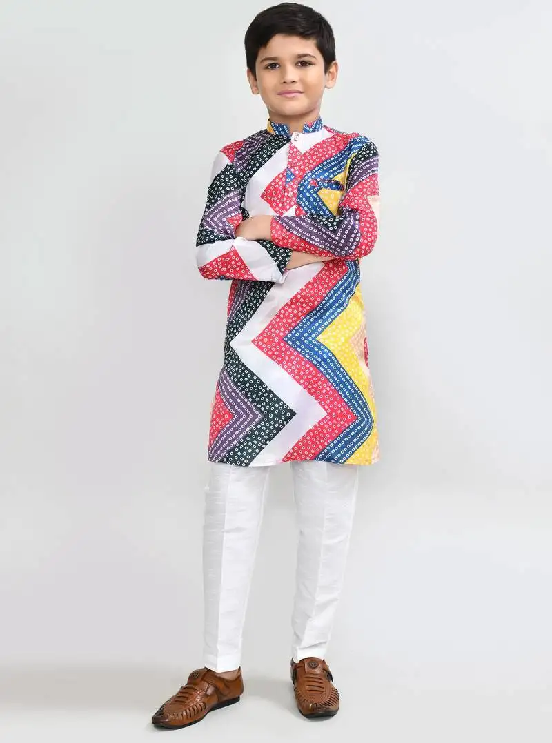 Kids boy multicolour satin silk straight kurta pant set