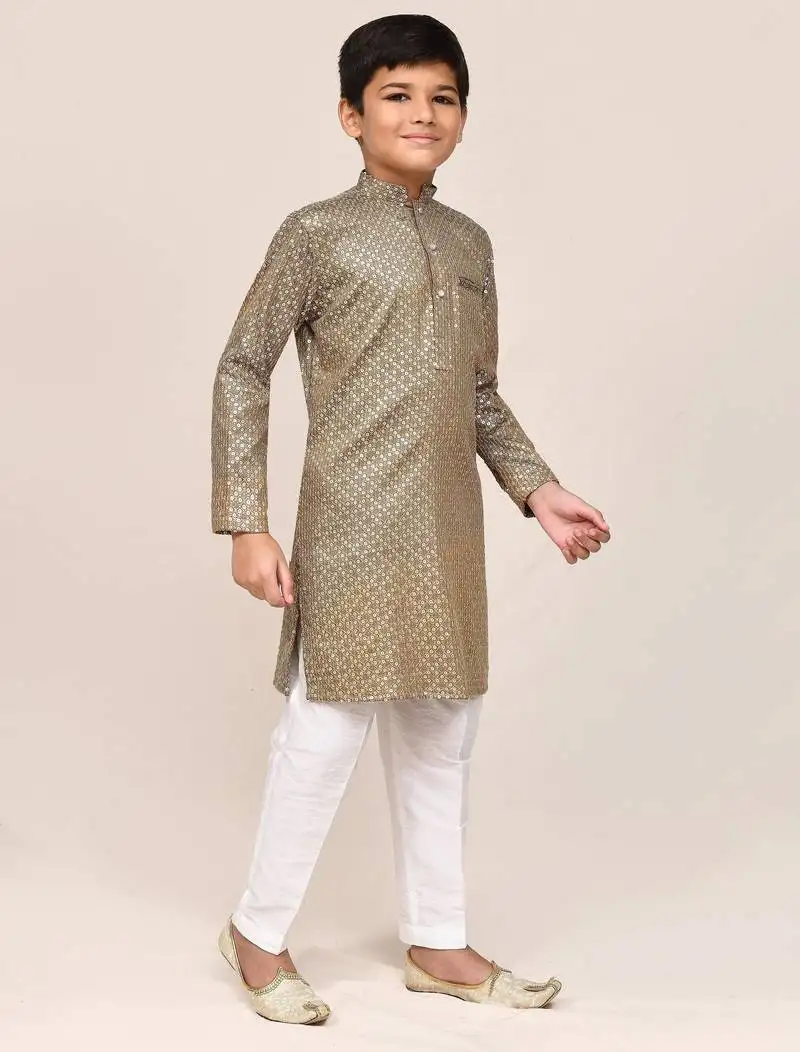 Kids boy gold satin cotton straight kurta pant set