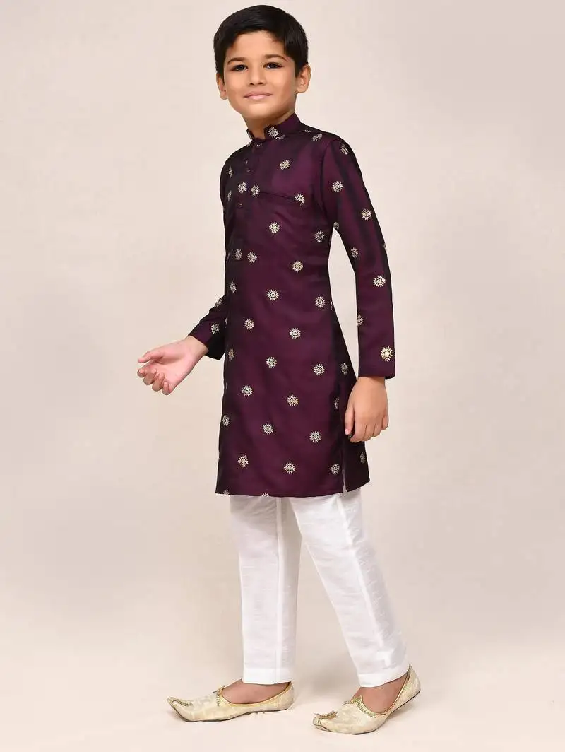 Kids boy maroon satin silk straight kurta pant set