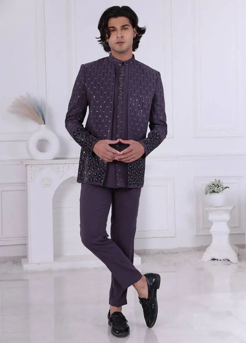 Purple velet embroidered indo western for mens