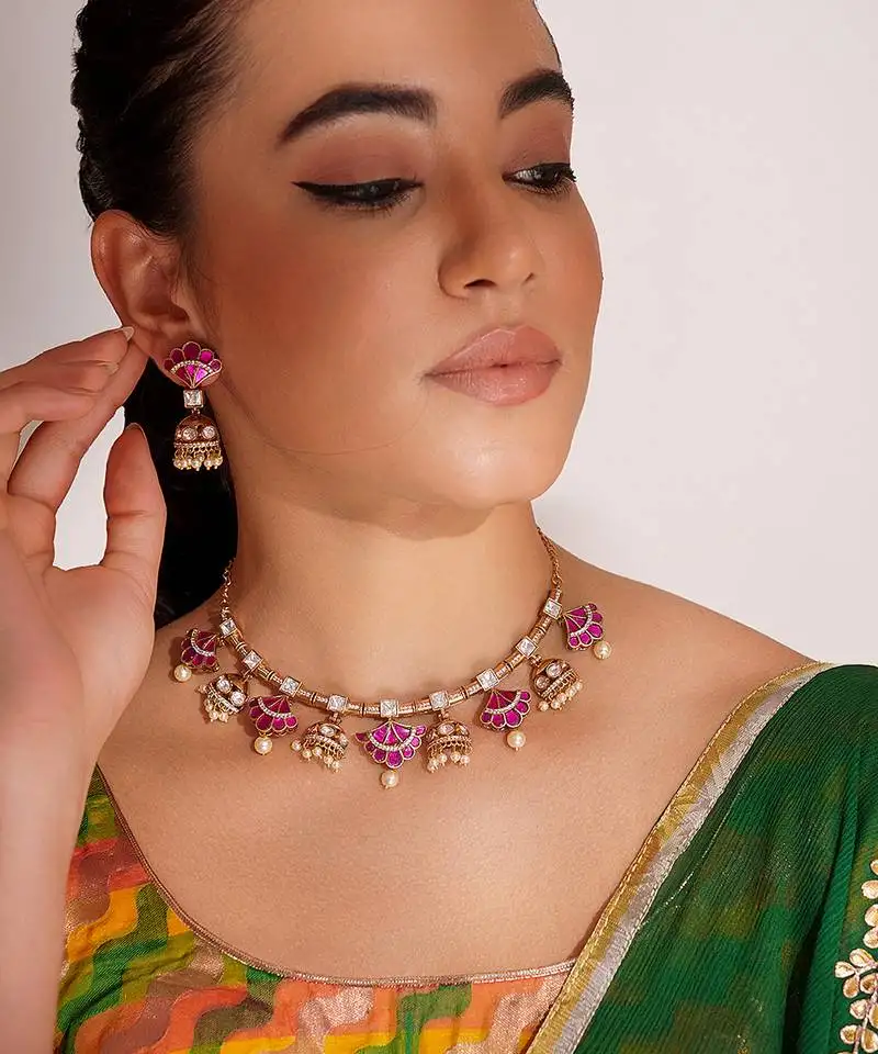 Two toned pink stone choker necklace set