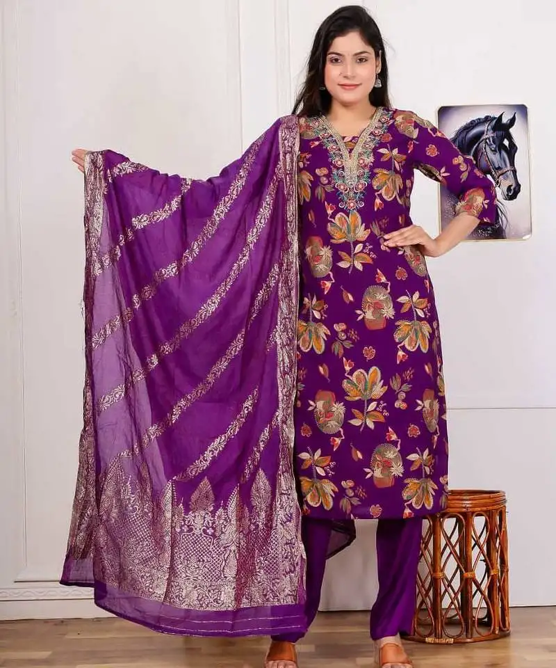 Vatican silk printed straight kurti-pant-dupatta set