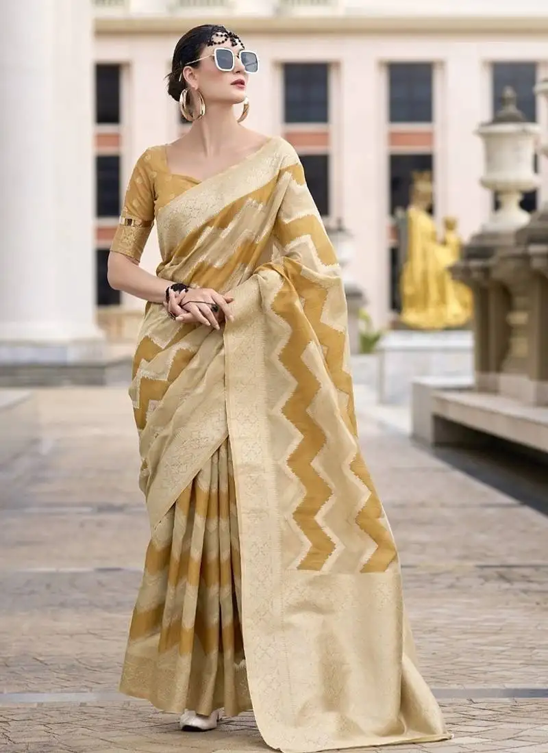 Mustard & beige cotton linen silk golden weaving office wear saree