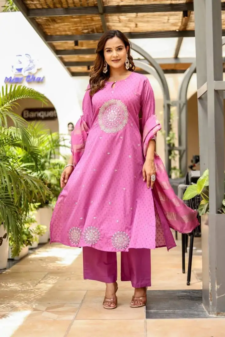 Dobby cotton printed a-line kurti-pant-dupatta set