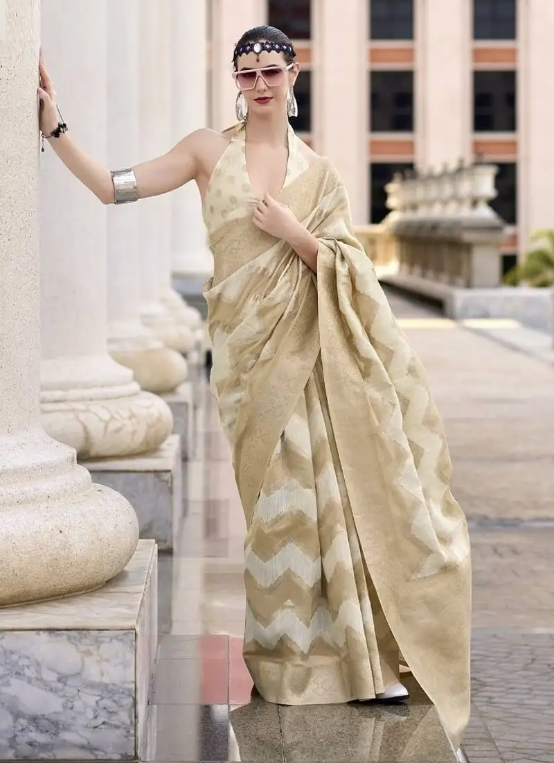 Off white & beige cotton linen silk golden weaving office wear saree