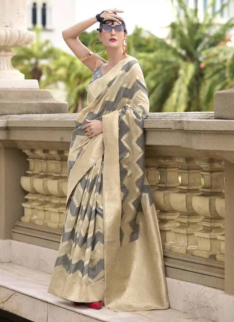 Gray & beige cotton linen silk golden weaving office wear saree