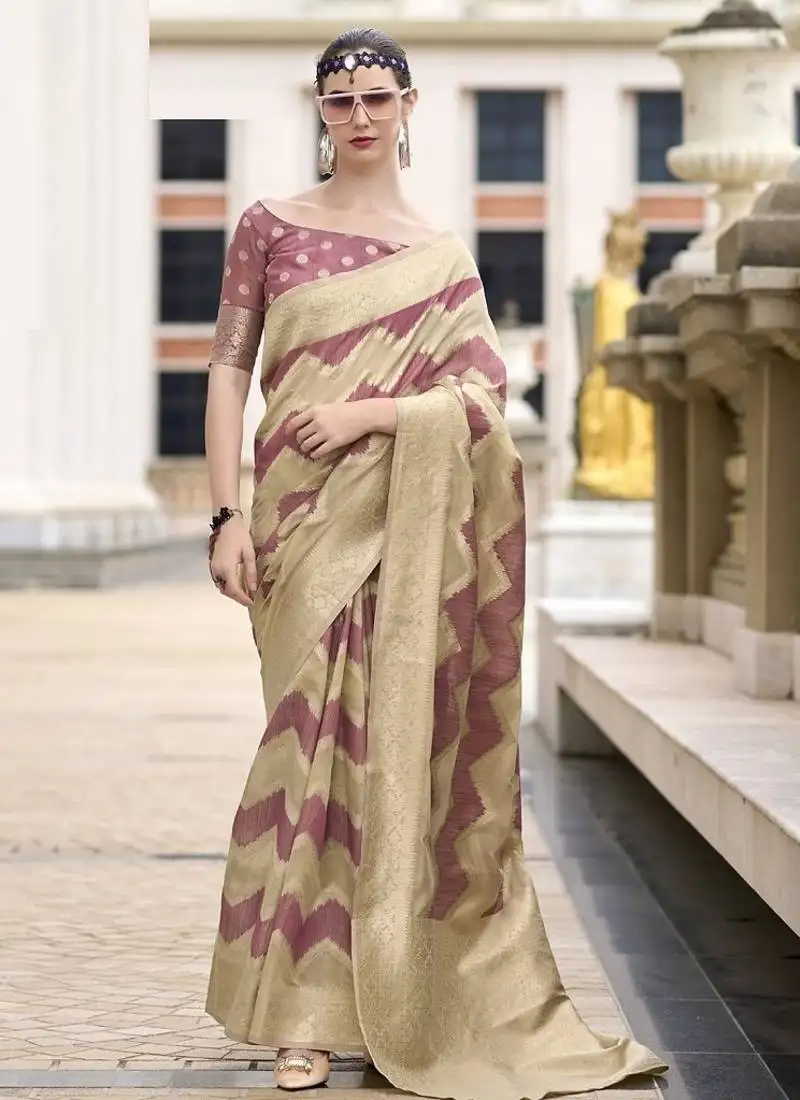 Onion pink & beige cotton linen silk golden weaving office wear saree