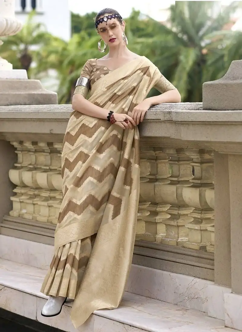 Coffee & beige cotton linen silk golden weaving office wear saree