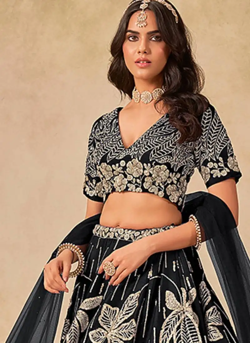 Black embroidered art silk reception trendy lehenga choli