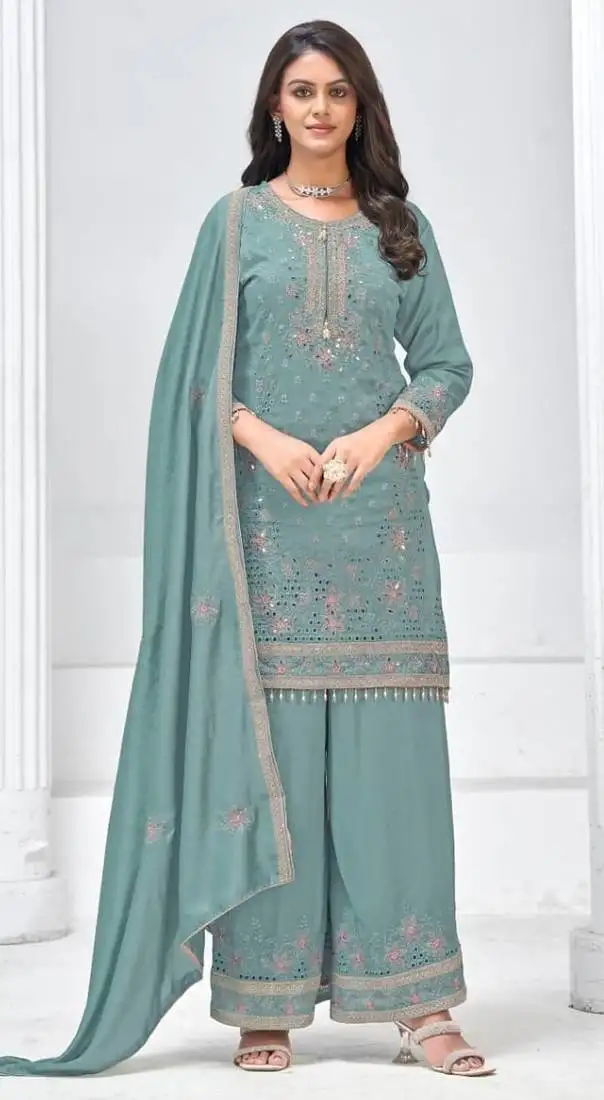 Light blue silk semi stitched wedding suits