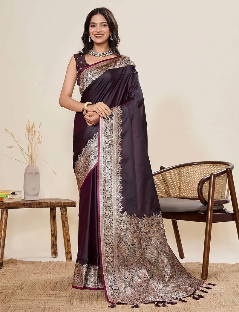 Wine satin silk blend saree with unstiched blouse