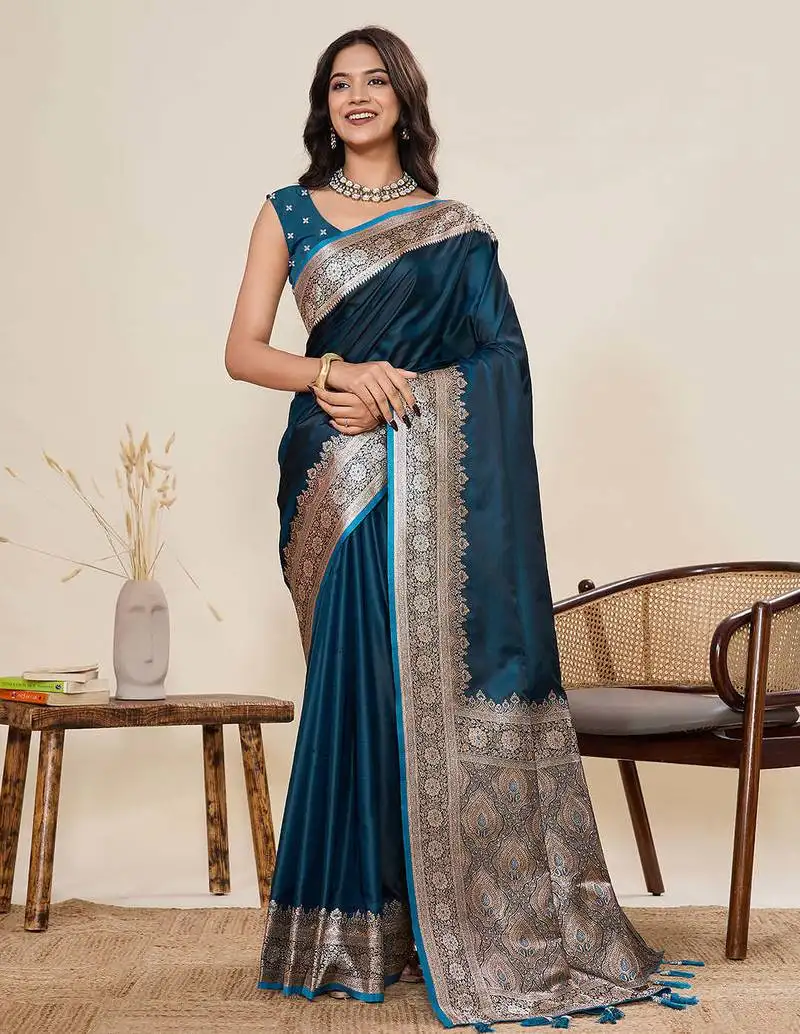 Teal satin silk blend saree with unstiched blouse