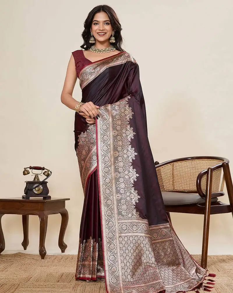 Maroon satin silk blend saree with unstiched blouse