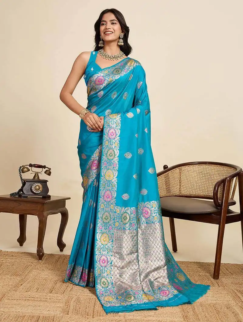 Cyan blue jacquard saree with unstiched blouse