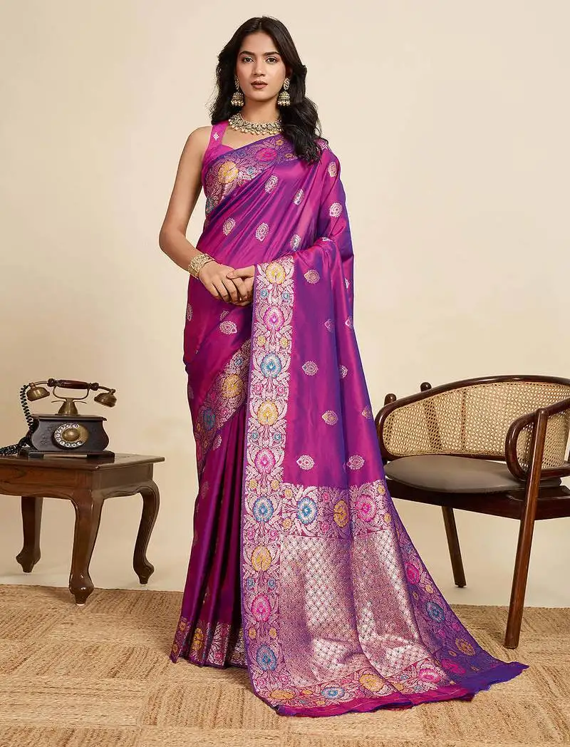 Violet jacquard saree with unstiched blouse