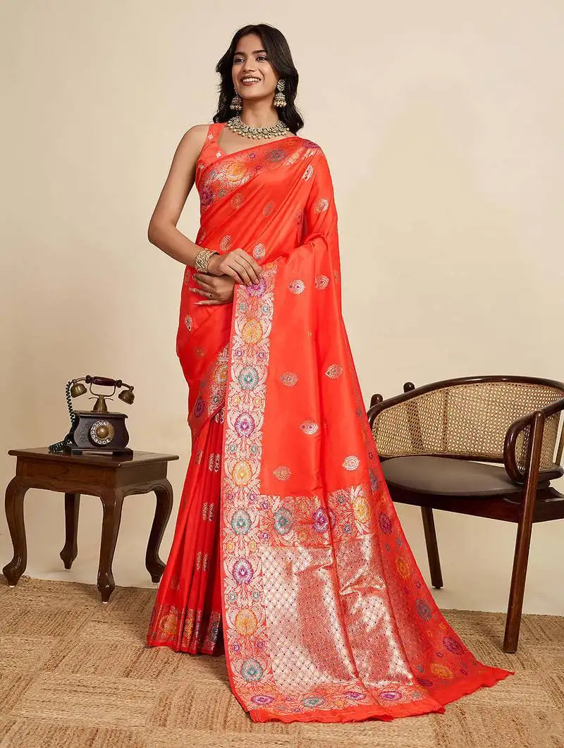 Orange jacquard saree with unstiched blouse