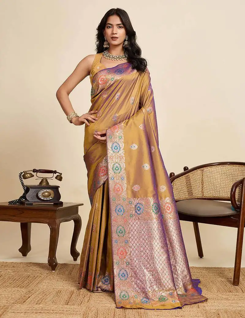 Gold jacquard saree with unstiched blouse