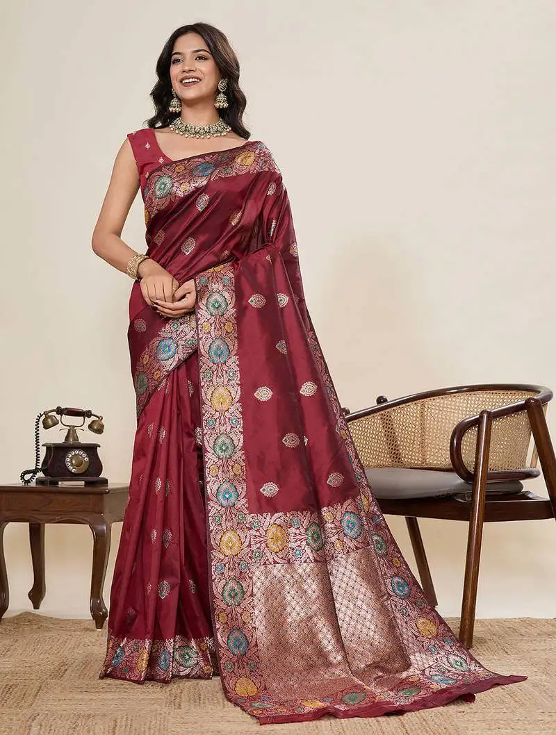 Maroon jacquard saree with unstiched blouse