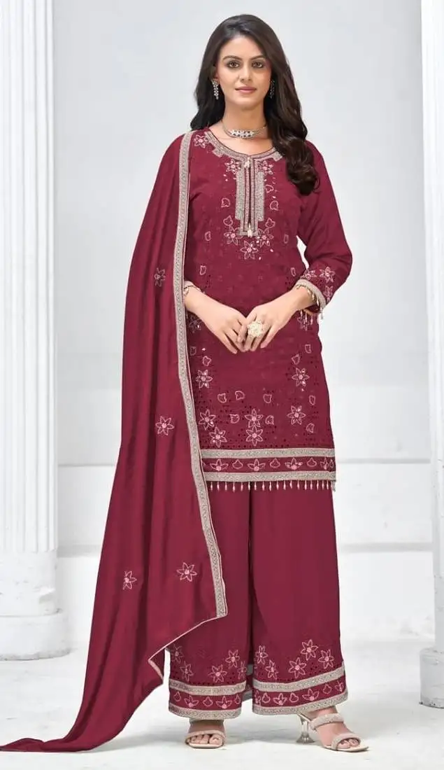 Maroon silk semi stitched wedding suits