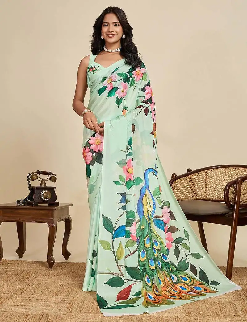 Mint green chinon saree with unstiched blouse