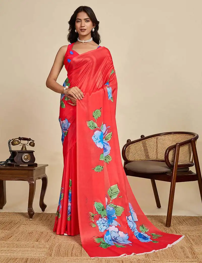 Red chinon saree with unstiched blouse