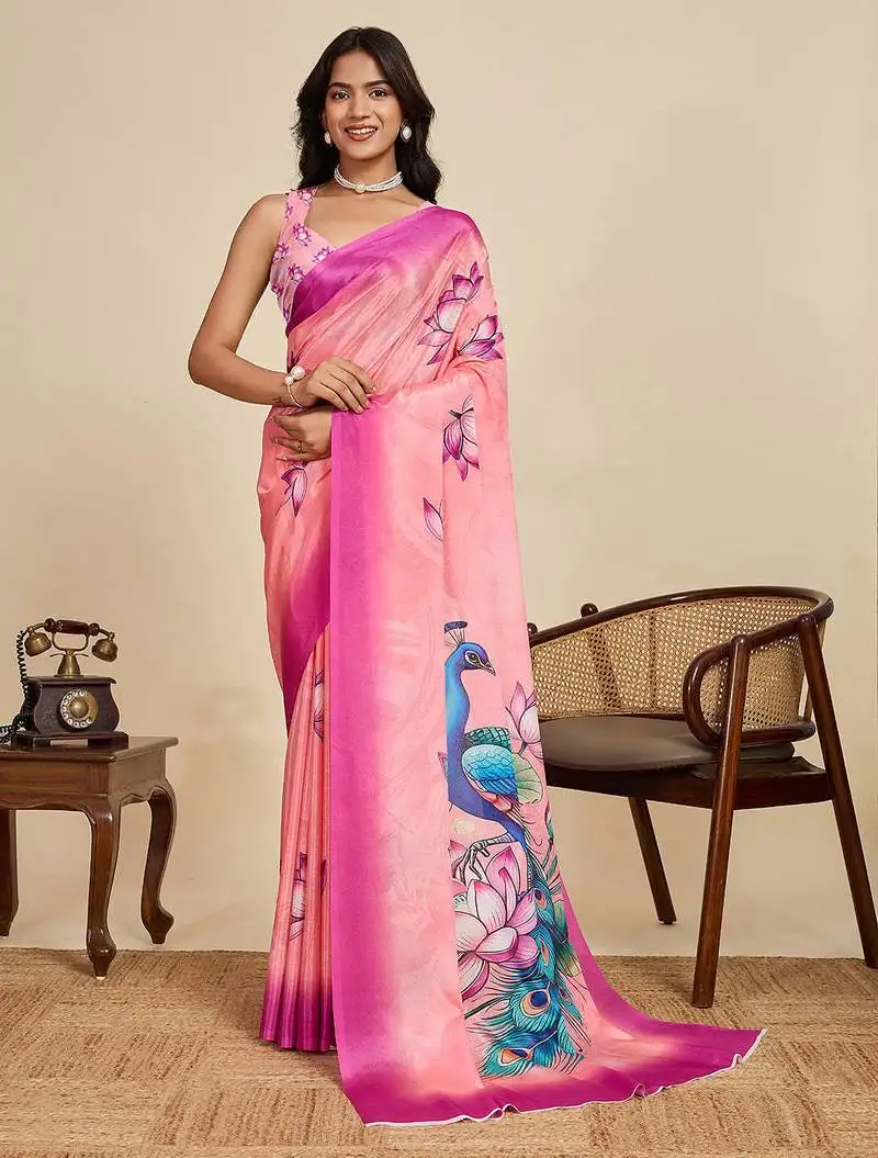 Baby pink chinon saree with unstiched blouse