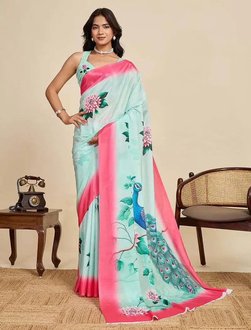 Ice blue chinon saree with unstiched blouse
