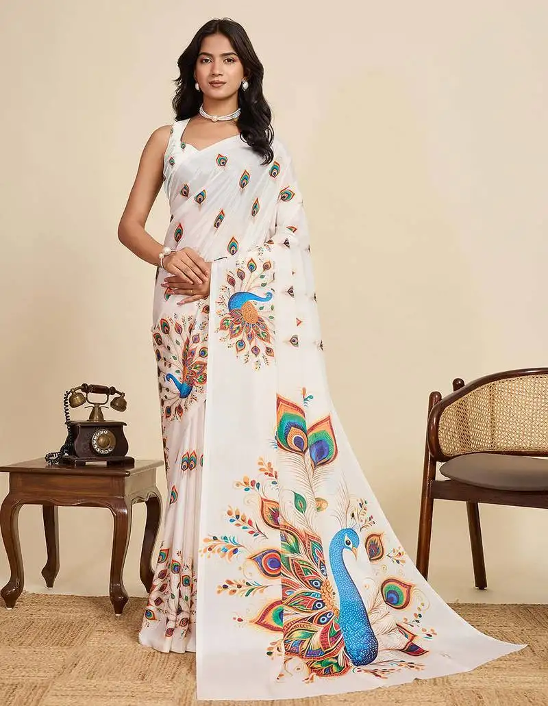 Soft cream chinon saree with unstiched blouse