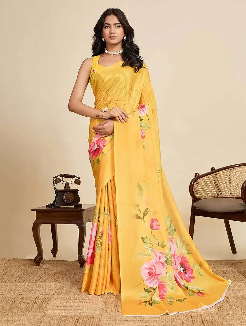 Yellow chinon saree with unstiched blouse