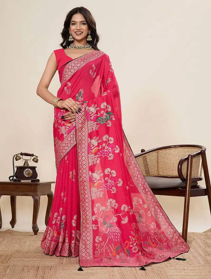 Red cotton blend saree with unstiched blouse