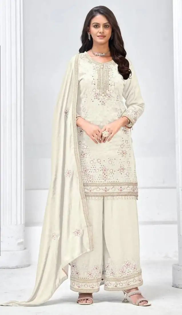 White silk semi stitched wedding suits