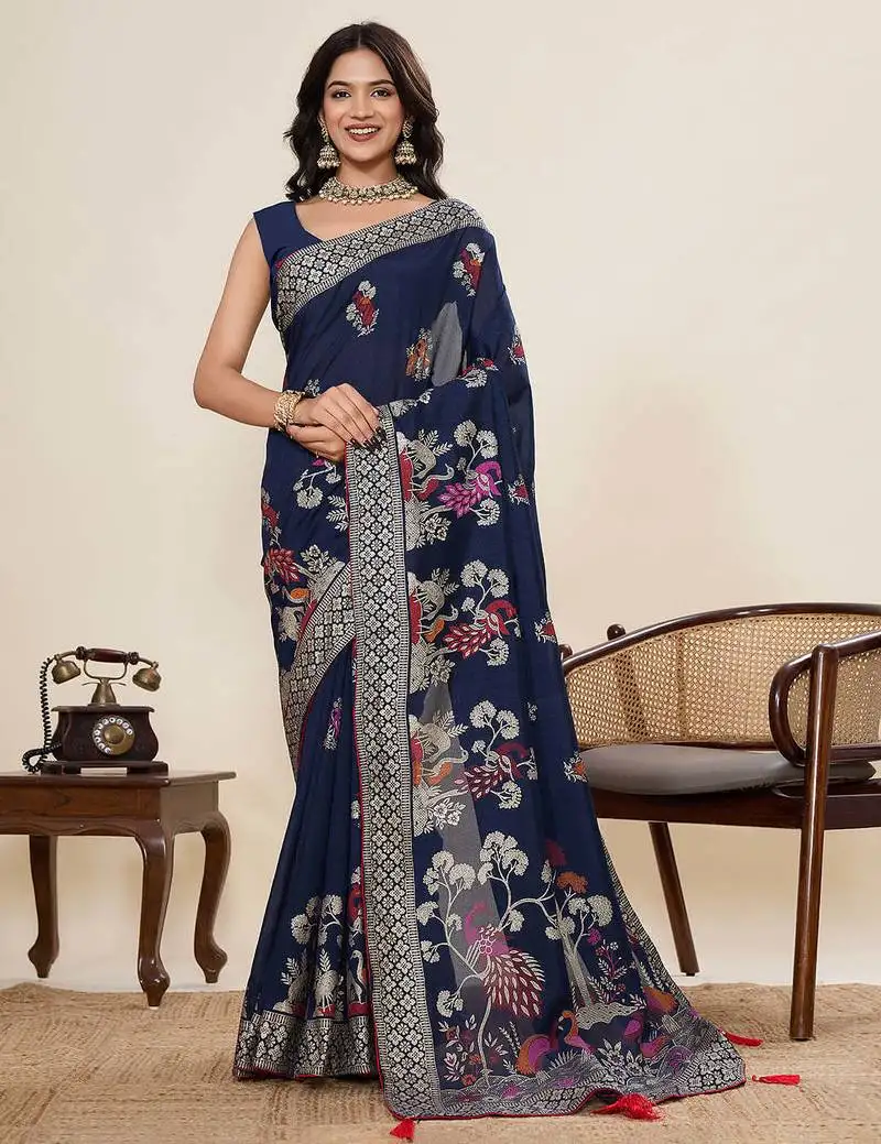 Blue cotton blend saree with unstiched blouse