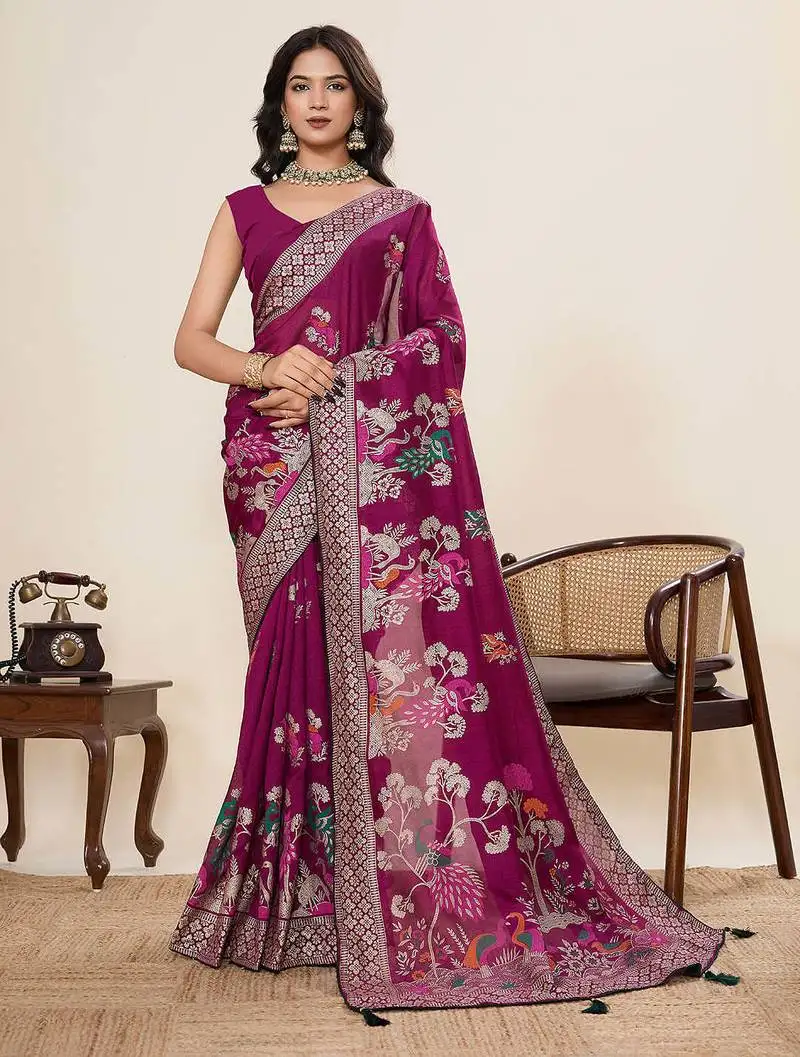 Violet cotton blend saree with unstiched blouse