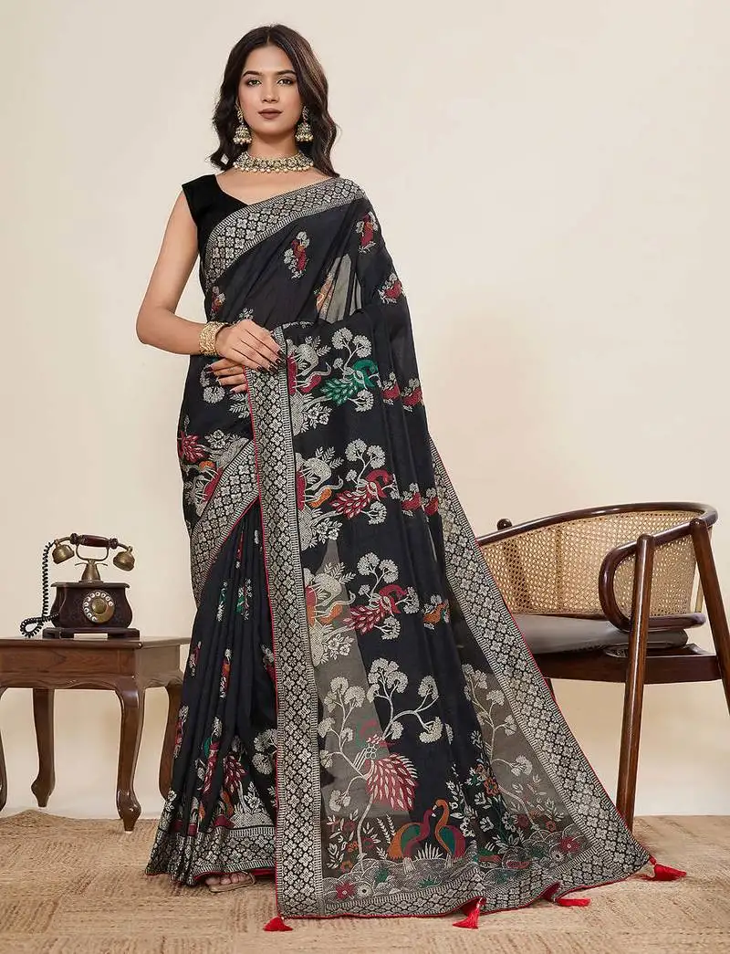 Black cotton blend saree with unstiched blouse