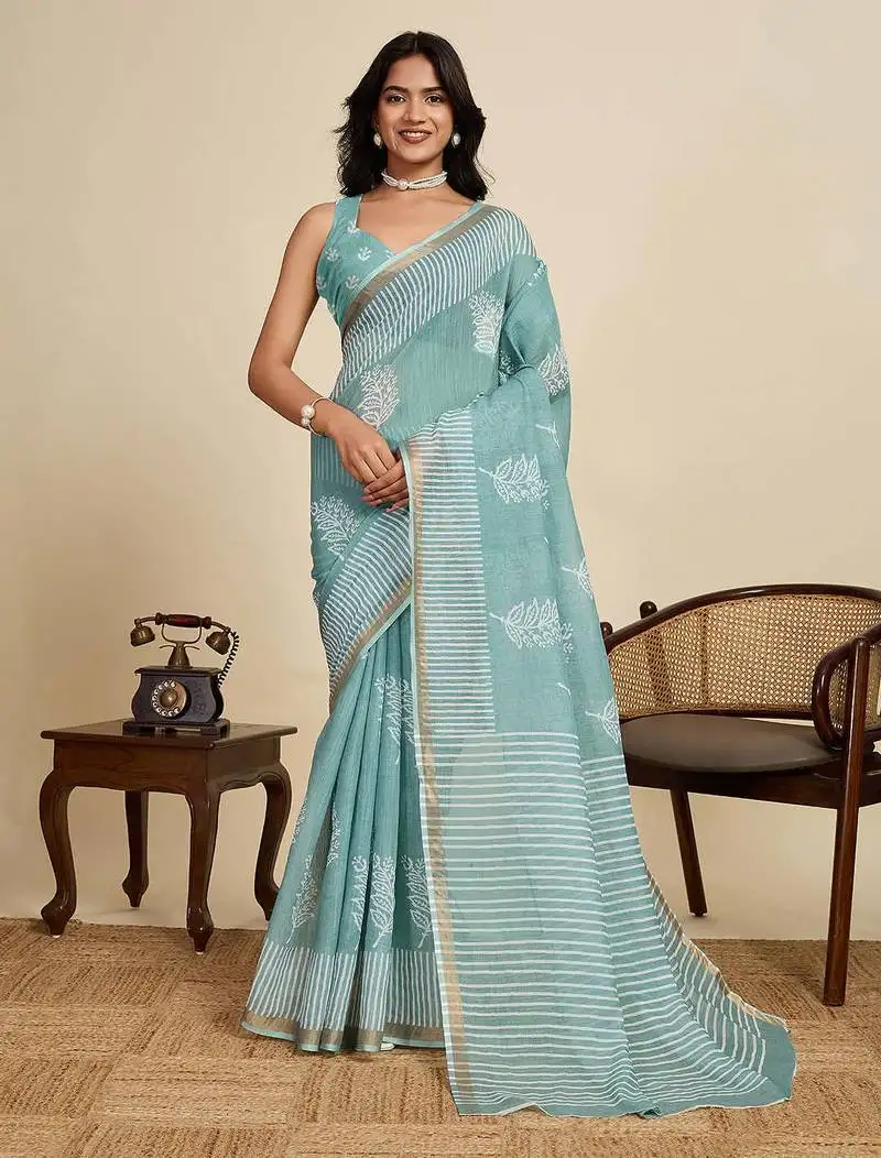 Blue linen saree with unstiched blouse
