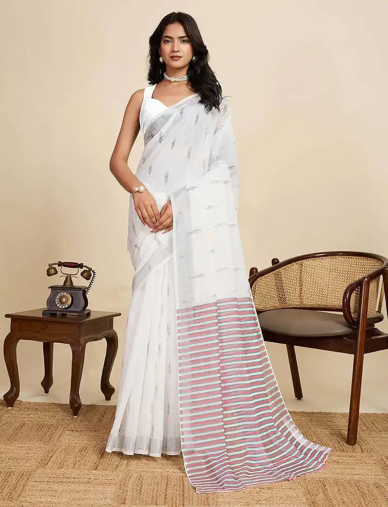 White linen saree with unstiched blouse