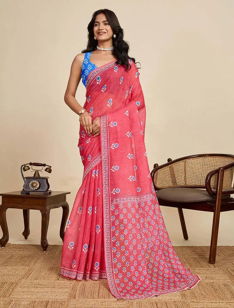 Red linen saree with unstiched blouse
