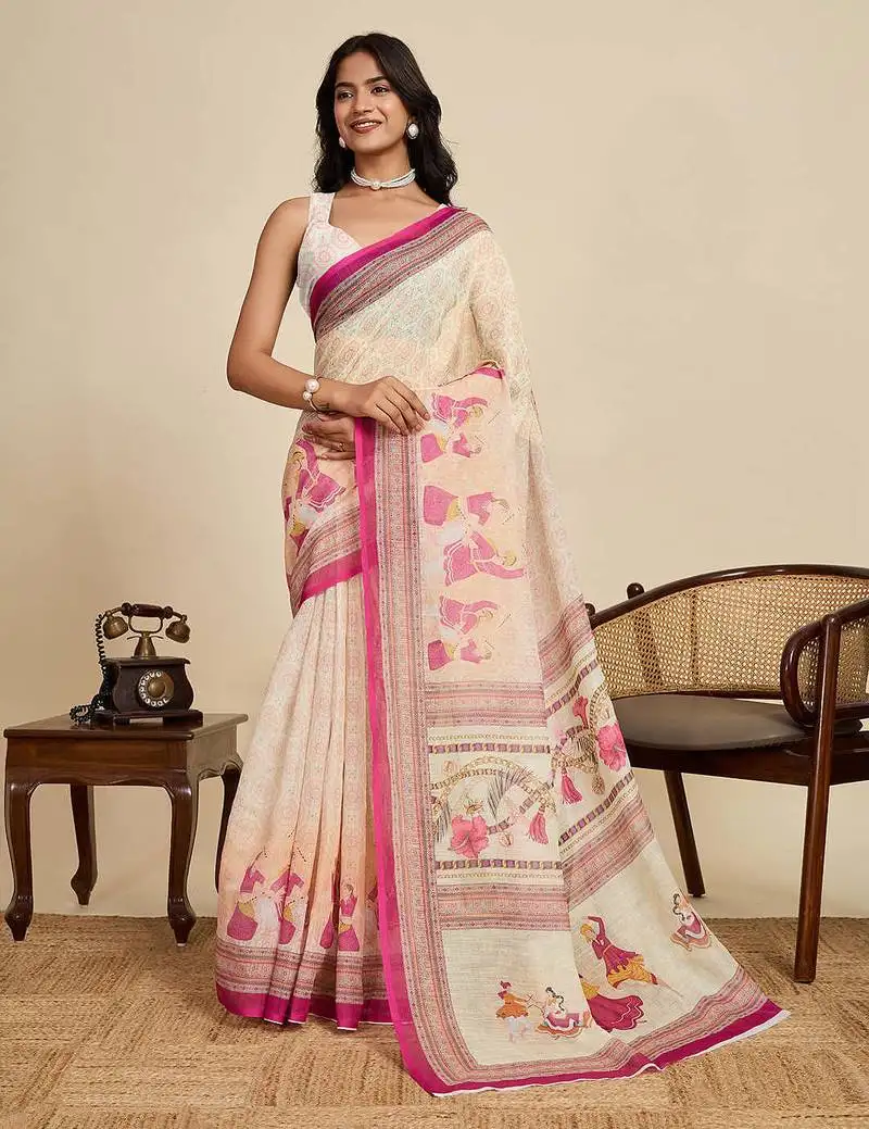 Cream linen saree with unstiched blouse
