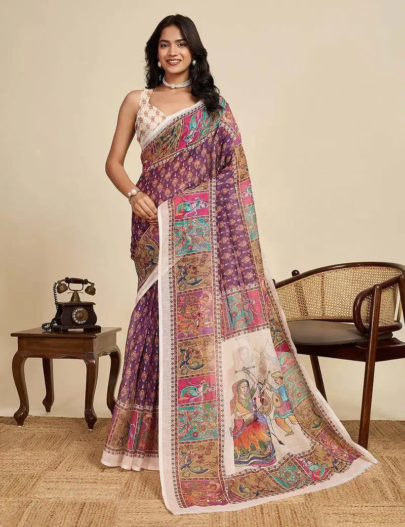 Violet linen saree with unstiched blouse