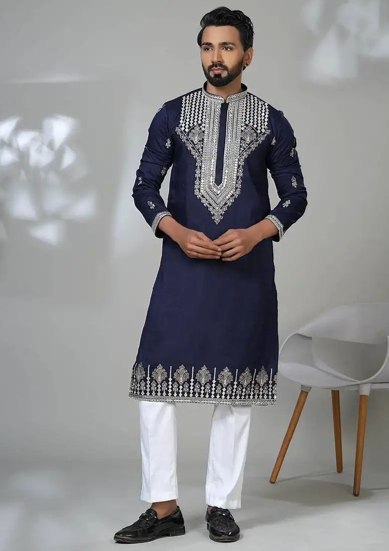 Blue blended cotton embroidered kurta pajama for mens