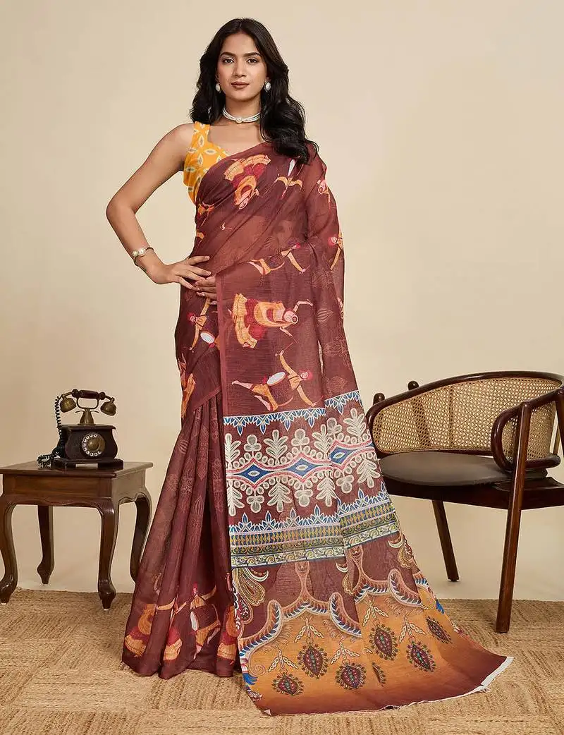 Maroon linen saree with unstiched blouse