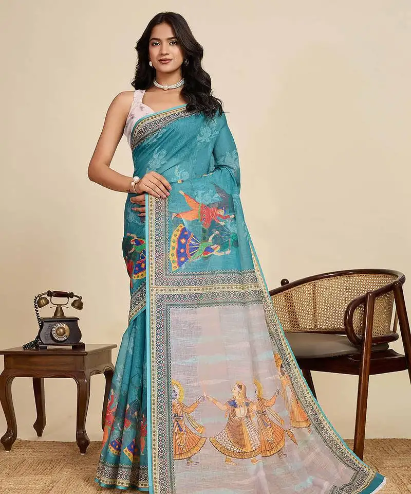 Sea green linen saree with unstiched blouse