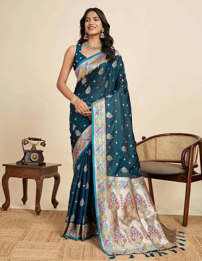 Teal blue soft silk sarees with unstiched blouse