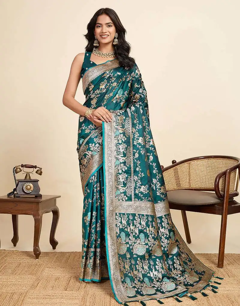 Teal green soft art silk sarees with unstiched blouse