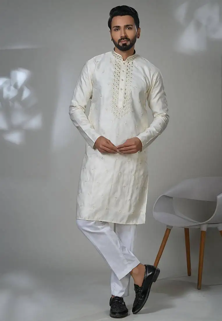 White blended cotton embroidered kurta pajama for mens