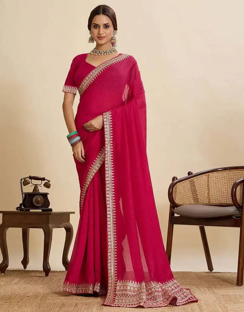Pink vichitra soft silk saree with unstiched blouse